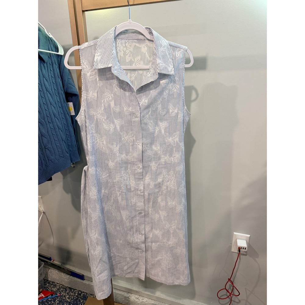 Blue White Striped Sleeveless Button Front Shirt Dress Floral Overlay Belted